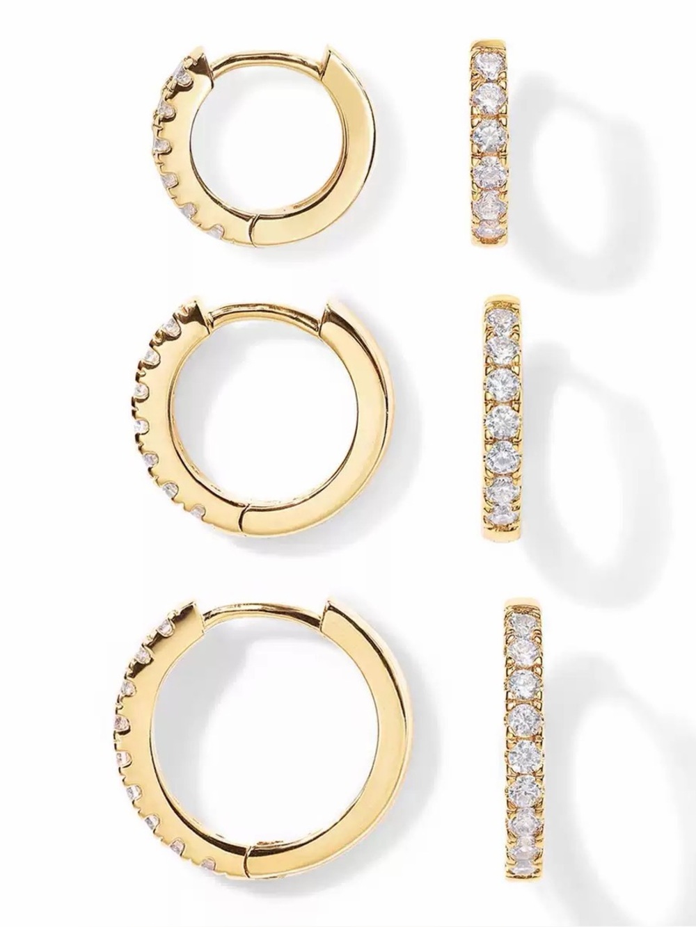 14k Gold Pave CZ Huggie Hoop Earrings Set of 3 - 8mm 10mm 12mm